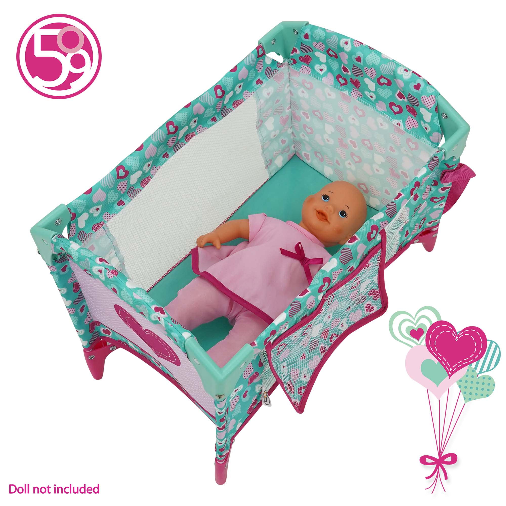 509 Crew: Mint Heart - Dream n' Fun Doll Play Yard - Pink & Green, Portable Sleep Crib, Storage Pockets, Toys-Dolls-Stuffed Animals Accessory, Kids 3+