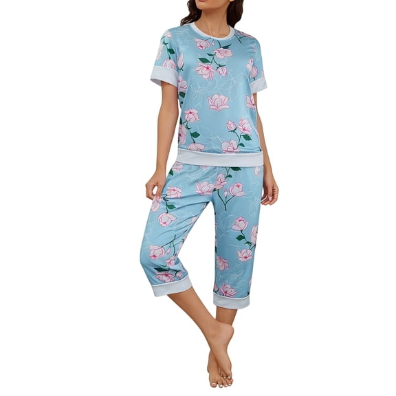 Tnhcen Women's Floral Print Pajama Set, Soft Nylon Spandex Loungewear, Short Sleeve Round Neck 7-Inch Pants Casual Sleepwear Set, Home Wear for Women, Sizes S-2XL