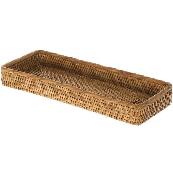 Kouboo La Jolla Elongated Rattan Vanity Tray Wicker Storage For Paper, Hand Towel Bathroom Vanity Organizer Countertop, Honey Brown