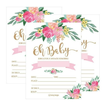 25 Cute Floral Oh Baby Shower Invitations For Girls, Pink Blush Gold Flowers Printed Write or Fill In The Blank Invite Unique Custom Vintage Coed Themed Party Card Stock Paper Supplies and Decorations