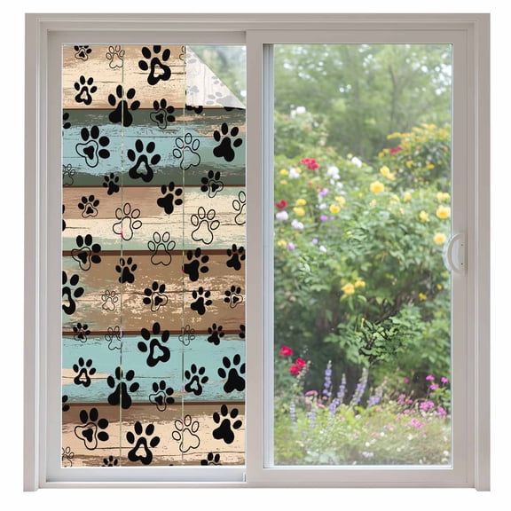 Dog Paws Window Privacy Film Blue Brown Wood Grain Vintage Decorative Glass Window Film UV Blocking Static Cling Non-Adhesive Sticker Covering for Home Door 35.4x78.7 inches