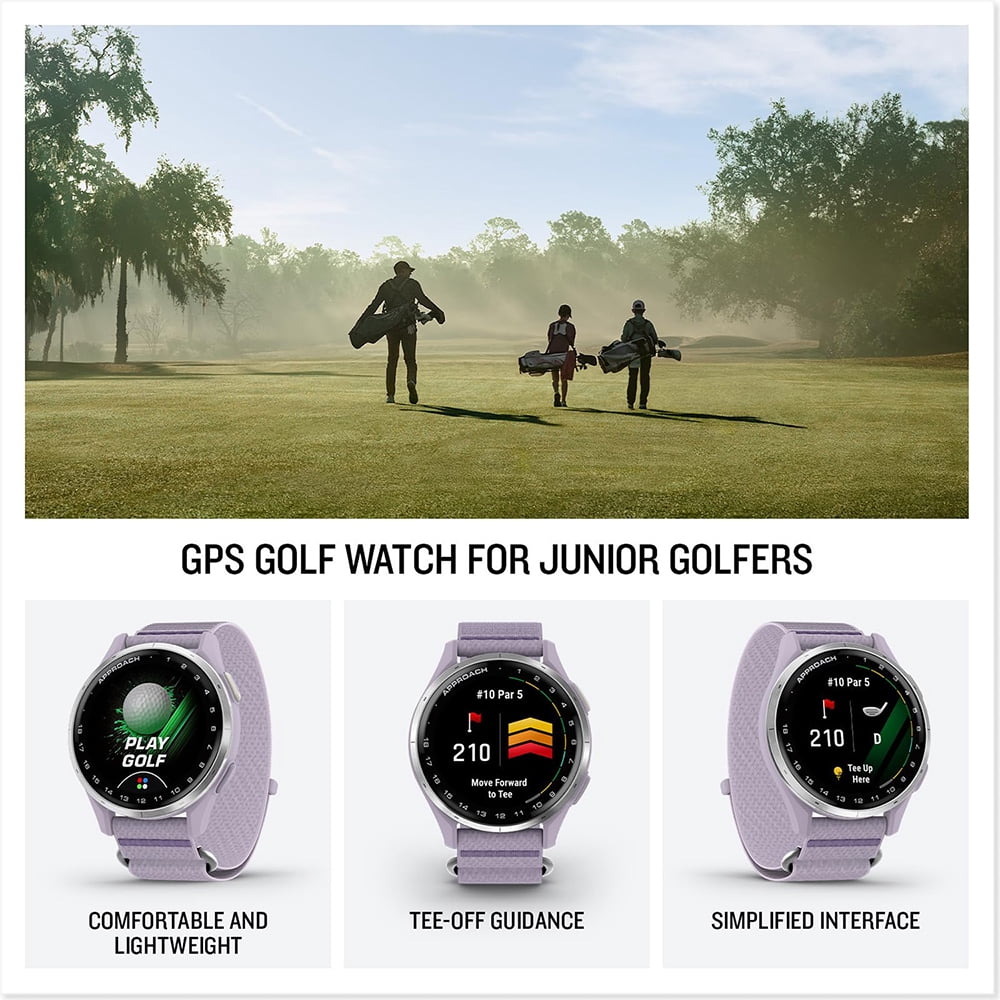 Garmin Approach J1 Silver Aluminum Bezel with Lilac ComfortFit Fabric Band 010-03898-10 Bundle with Deco Essentials Charging Dock, 3x Silicone Dust Cover and 2x 1.2 Inch Screen Protector