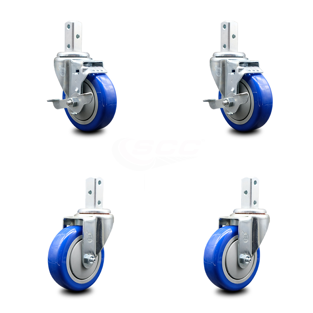 Swivel Square Stem Caster Set 4 w/4” x 1.25” Blue Poly Wheel 7/8” x 2