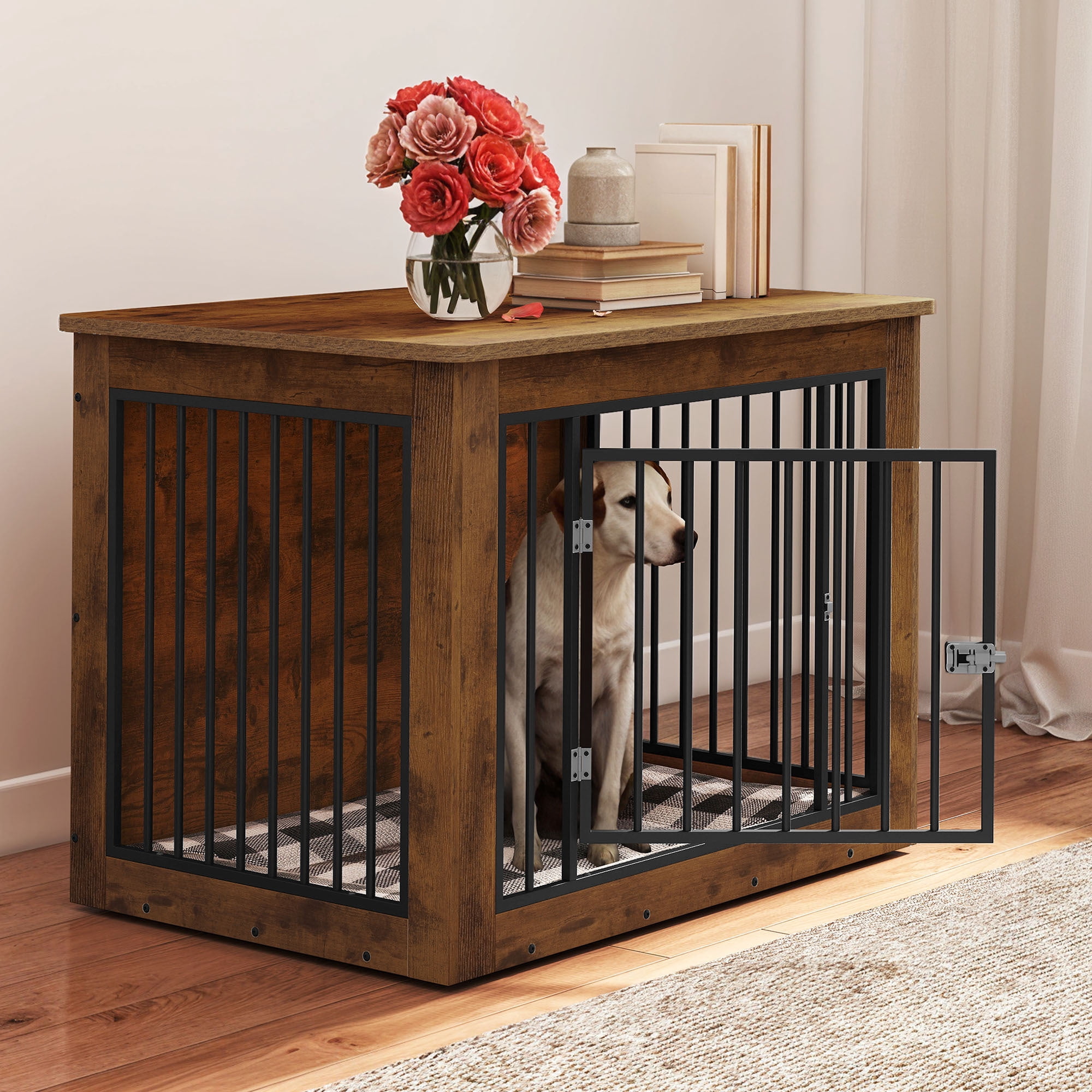 Uforic 38 Inch 2-in-1 Iron-Wood Fusion Indoor Dog Kennel Side End Table for Large Dogs, Waterproof Top & Safety Rounded Corner with Steel Lock, Holds up to 60 lbs, Rustic Brown