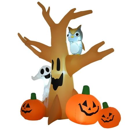 HomCom Tall Haunted Tree Outdoor Lighted Halloween Yard Inflatable  With Owl Ghost including Pumpkins 7.5