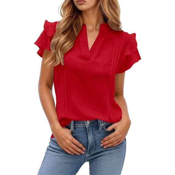 FUYUDY Blouse Women's V Neck Casual Double Layer Ruffled Sleeve Solid Color Tops Fashionable Female Dailywear