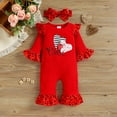 thumbnail image 2 of KOMOO Baby Heart Print Romper Bodysuit Bow-knot Headband Long Sleeve Ruffle Bell-Bottom Jumpsuit Outfits, 2 of 9
