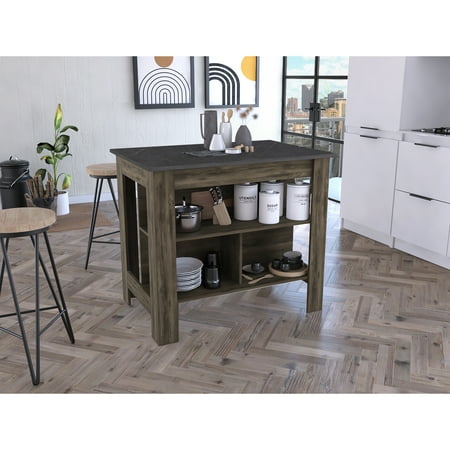 Dark Brown/ Kitchen Island - 3 Shelves Multicolor Particle Board 4 Legs Design Legs