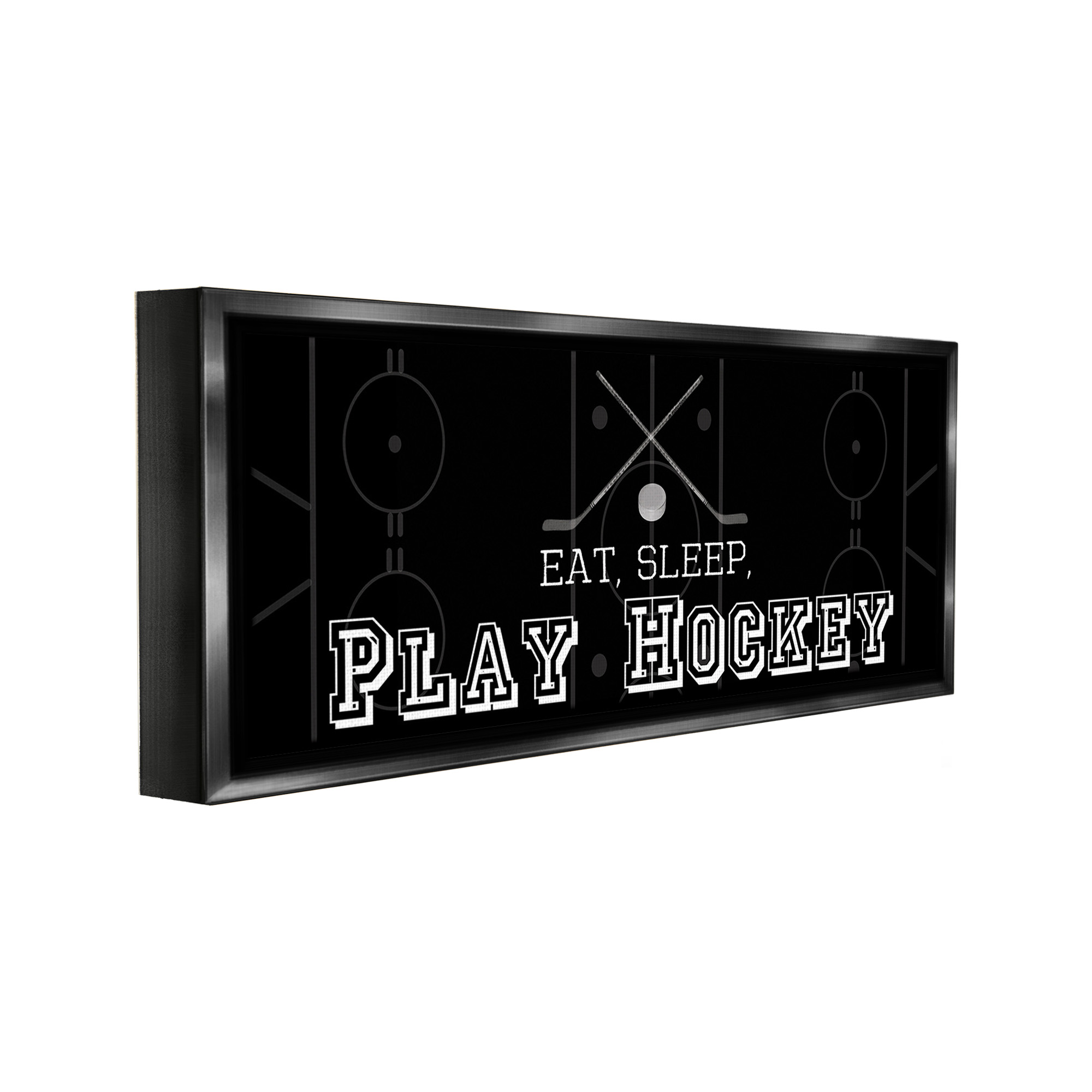 Stupell Industries Eat Sleep Hockey Phrase Sports Painting Black Floater Framed Canvas Art Print Wall Art, 31 x 14