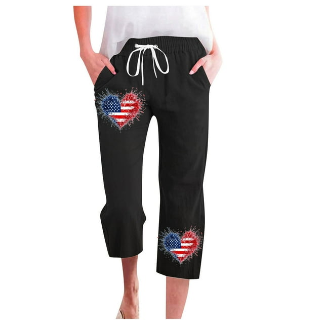 Womens Cargo Pants With Pockets Linen Beach Drawstring Flag Print Crop Patriotic Capris Pant With Pockets High Waisted Pants Black M