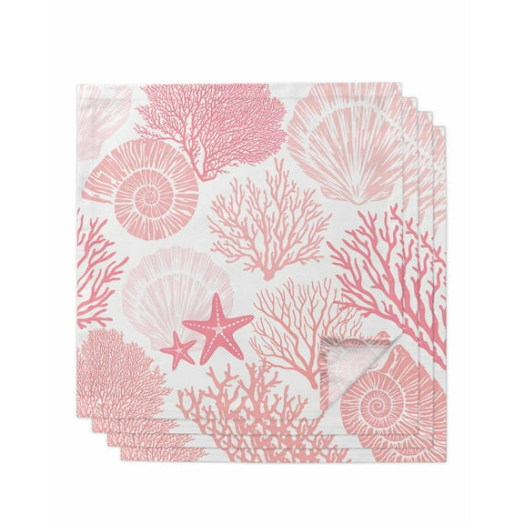 Coastal Pink Cloth Napkins Washable Set of 4, Ocean Coral Starfish Shell Modern Sea Reusable Dinner Table Napkins Cloth Bulk for Weddings Kitchen Restaurants Hotel Events Parties 20 x 20 Inch
