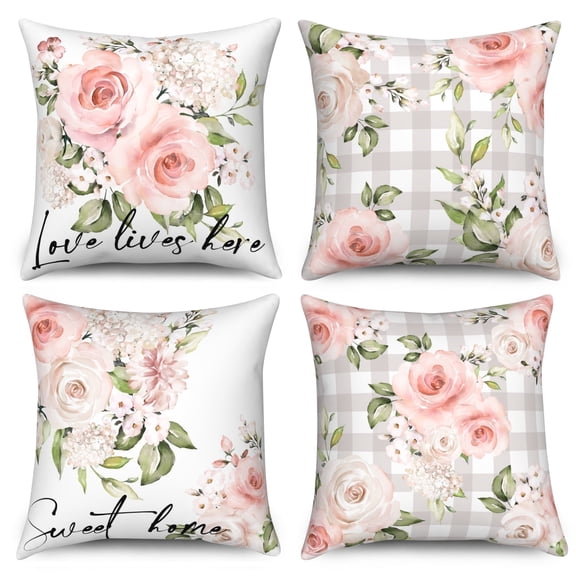 DaShan Spring Summer Pink Floral Pillow Covers 18x18 Set of 4,Farmhouse Linen Decorative Pillow Cases for Bedroom Sofa Couch