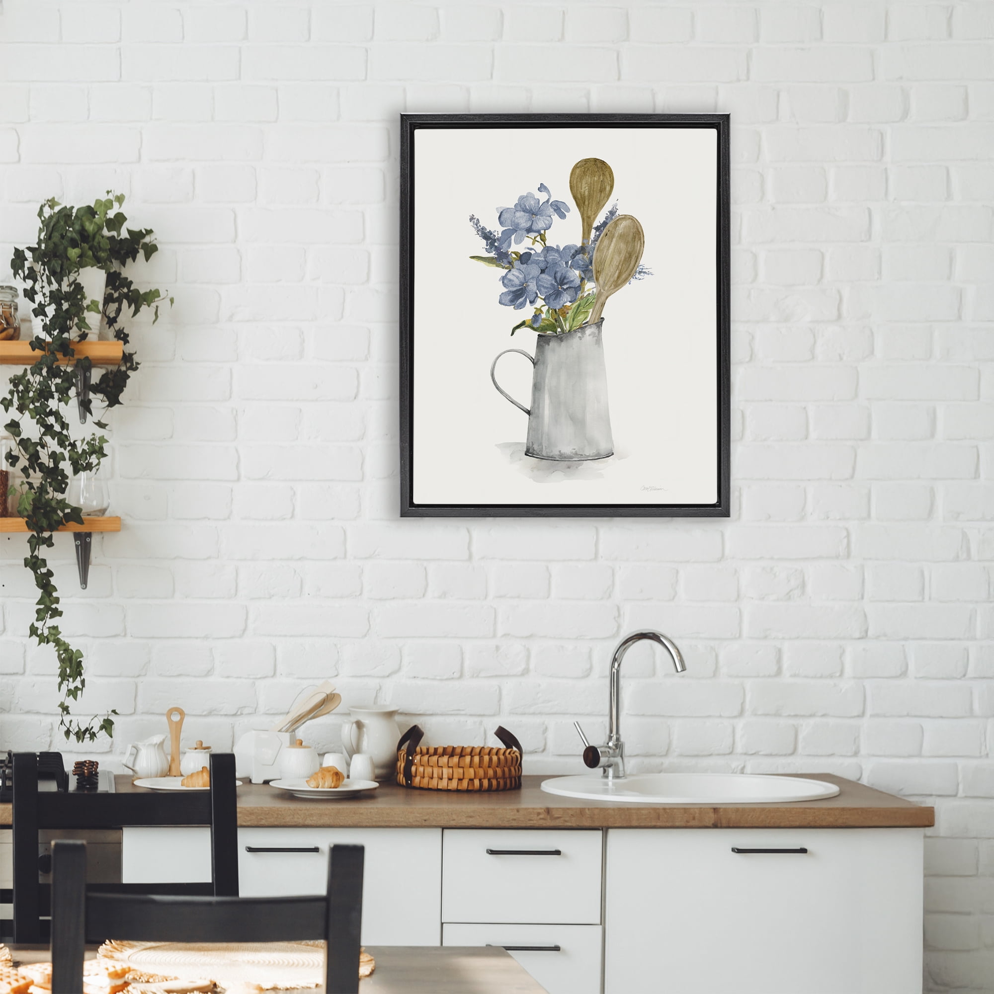 Stupell Industries Kitchen Spoons & Blue Blooms Black Framed Floater Canvas Wall Art, design by Carol Robinson
