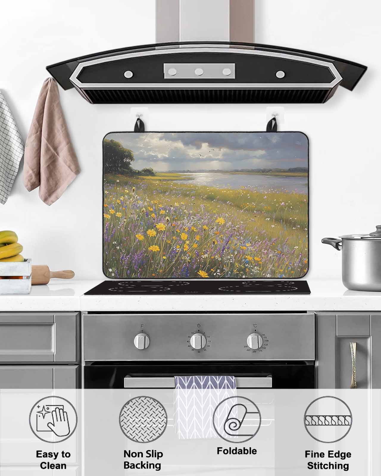 nqOlkjepod Large Induction Cooktop Protector Mat 36"x21", Spring Floral Stove Top Covers for Electric Stove, Modern Oil Painting Summer Botanical Pastoral Stove Burner Cover Mats Stove Cover