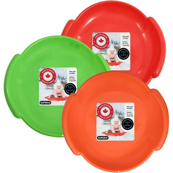 Superio Round Snow Sled, Heavy Duty Plastic Saucer Toddler Sled with Handles 24" Winter Snow Toys Fun for Kids and Adults 3-Pack, Red-Green-Orange