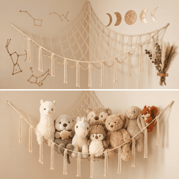 100% Cotton Stuffed Animal Storage Hammock, Large Corner Toy Net Organizer, Boho Macrame Plush Holder for Kids Nursery Bedroom Playroom Home Decor