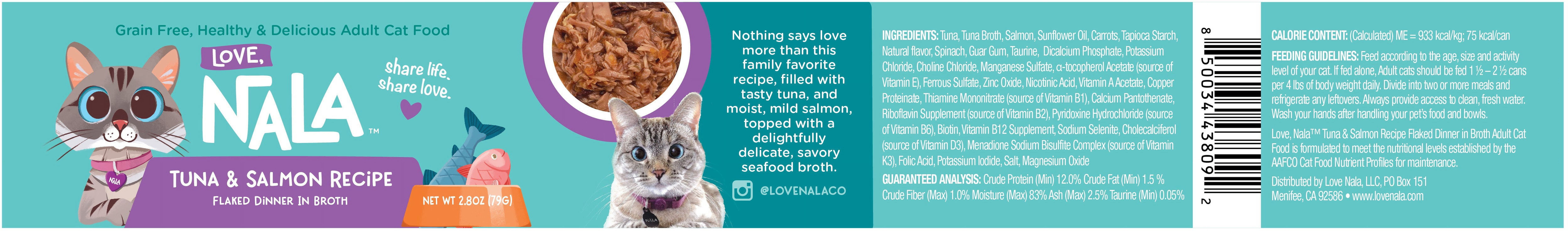 (24 pack) Love, Nala Adult Cat Flaked Wet Cat Food Tuna & Salmon Recipe in Broth, 2.8 oz