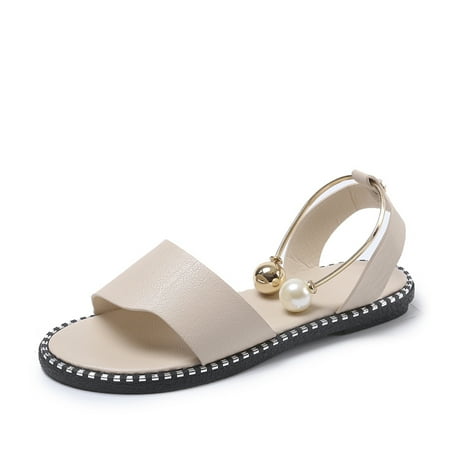 

Women‘s Flat Sandals Solid Color Beaded Beach Shoes Slingback Slides