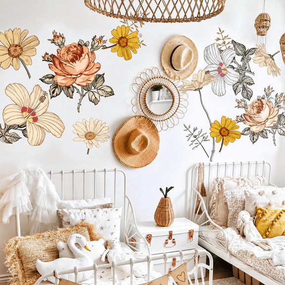 Flowers Wall Decals,35.43x11.81 inch Pink PVC Large Daisy Butterfly Wall Decals Peel and Stick, Wildflower Wall Art for Living Room Bedroom Indoor Flower Wall