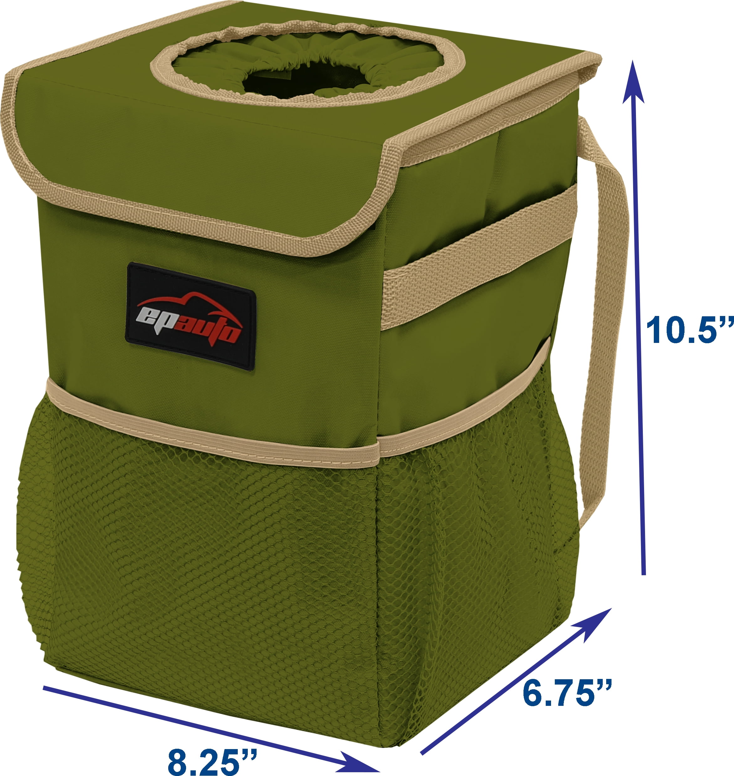 EPAuto Waterproof Car Trash Can with Lid and Storage Pockets, Green 