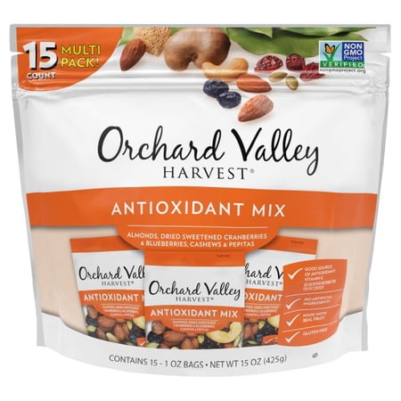 Orchard Valley Harvest Antioxidant Mix, Almonds, Cranberries, Blueberries, Cashews, and Pepitas, Non-GMO, No Artificial Ingredients, 1 Ounce Bags (Pack of 15)