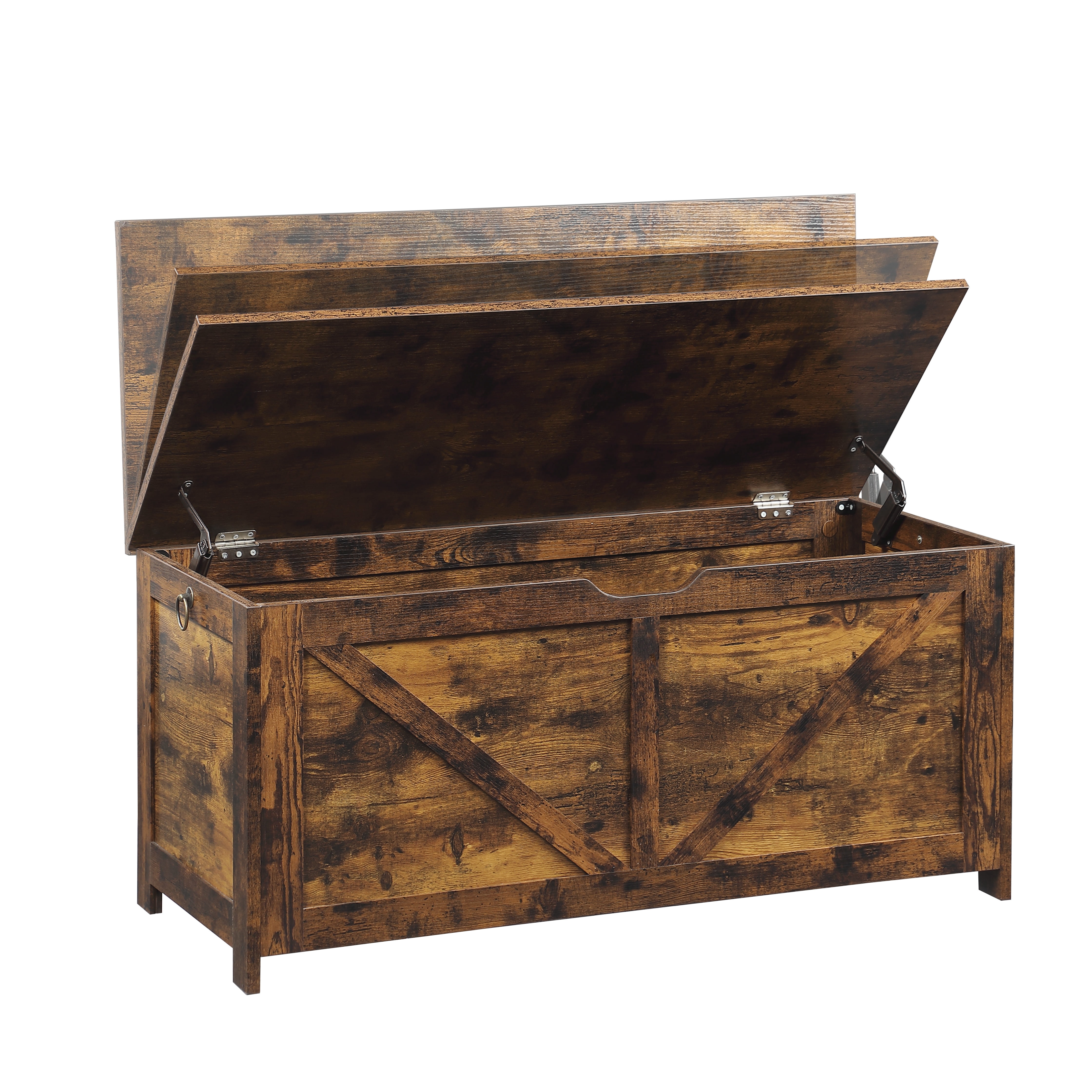 Rustic Brown Storage Chest Bench, 39.4 Inch Long with Two Durable Hinges, U-Shaped Pull Handle, Ideal for Toys, Blankets and Entryway Organization