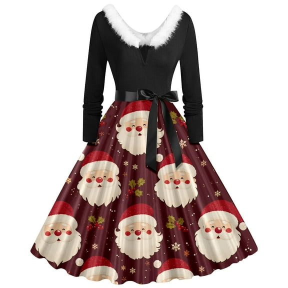 Womens Christmas Dress Holiday Dress for Women Festive Flannel Long Sleeve Crewneck Irregular Hem Party Gown With Elegant Flowy for Holiday Season Casual Wear