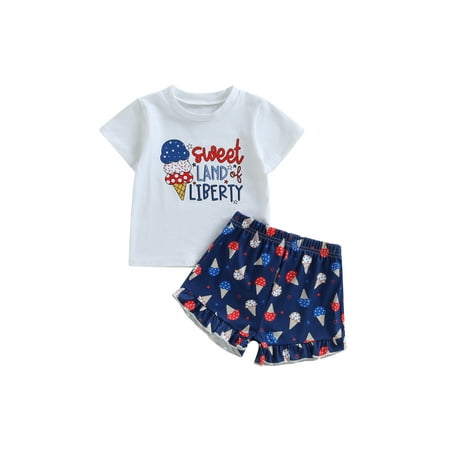 

4th of July Toddler Girl Outfit Summer Short Sleeve Letter Print T-Shirt with Ice Cream Ruffle Shorts Patriotic Clothes Set