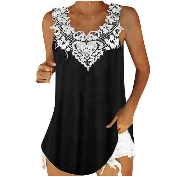 Womens Lace Crochet Tank Tops Sleeveless Summer Casual Crew Neck Cami Shirts Loose Fit Fashion Beach Tank Tops Blouses