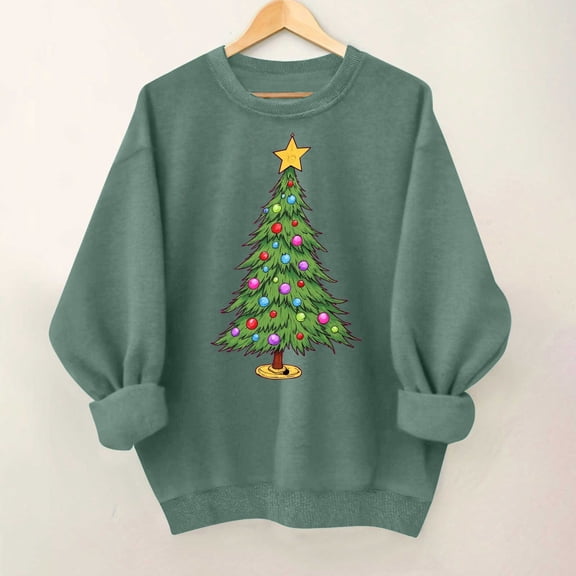 SYMOID Womens Christmas Tree Graphic Cotton Sweatshirt - Green, Loose Fit Crew Neck Long Sleeve, Soft Breathable, S-XXL Sizes for Holiday Parties & Daily Wear,Size 2XL