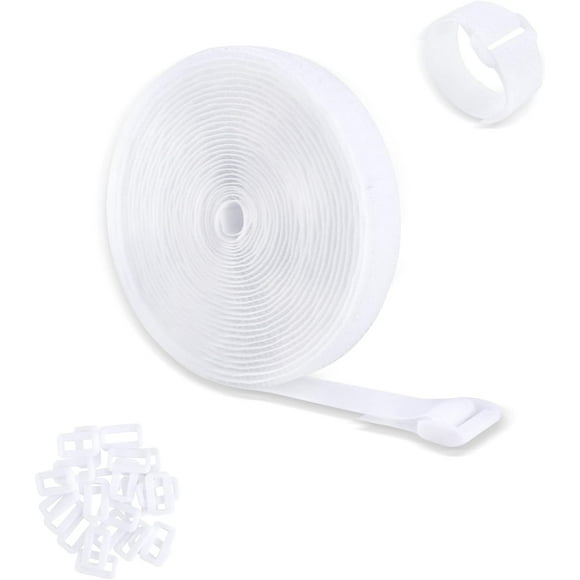 ERDS-Cable Ties Straps Cable Ties Wire Organizer Reusable Adjustable Cable Cinch Strap Fastener with Hook and Loop Straps Cord Ties with 25 Buckles,5m(16Ft x 0.8In, White)
