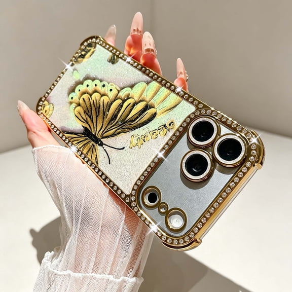 For iPhone 16 Pro Max Phone Case,Cute Luxury Bling Sparkly Glitter Butterfly Pattern,Diamond Frame Back,Four-corners Raised Drop Protection,With Lens Film,Shockproof Phone Case,Gold