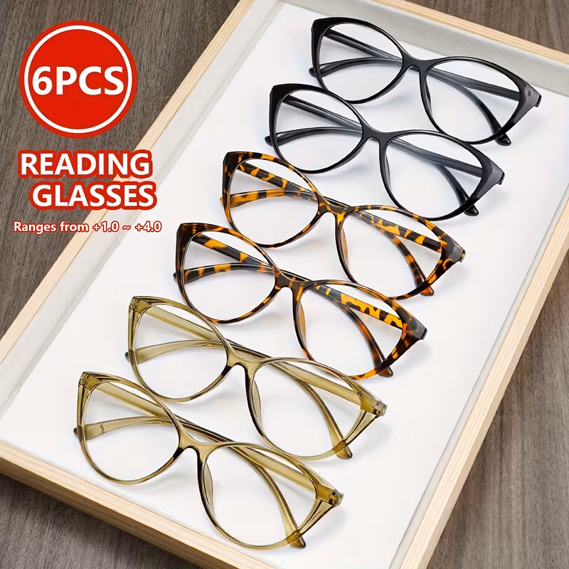 6 Pack Reading Glasses for Women and Men, Cat Eye Readers, 1.00 to 4.00 Magnification, Fashion Eyeglasses for Reading and Daily Use