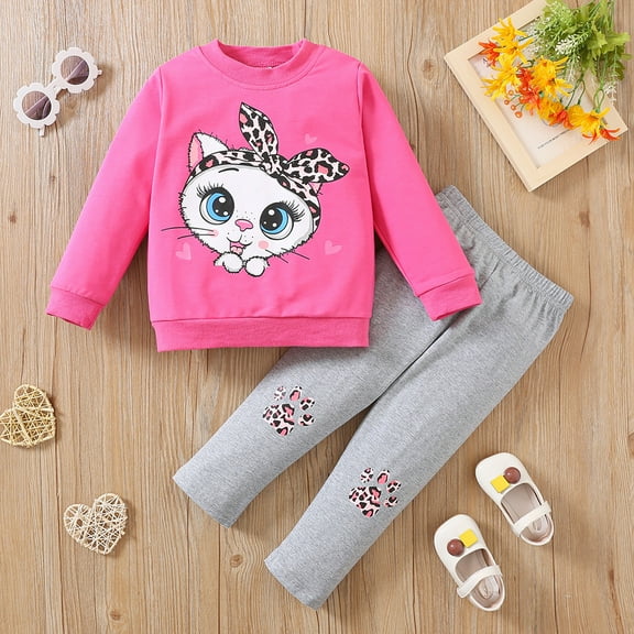 TOOYOU Toddler Girls Outfits Long Sleeve Cartoon Animals Tops Blouse Leopard Print Pants Trousers 2Pcs Comfortable Daily Clothing For Children Pink Size 4-5 Years