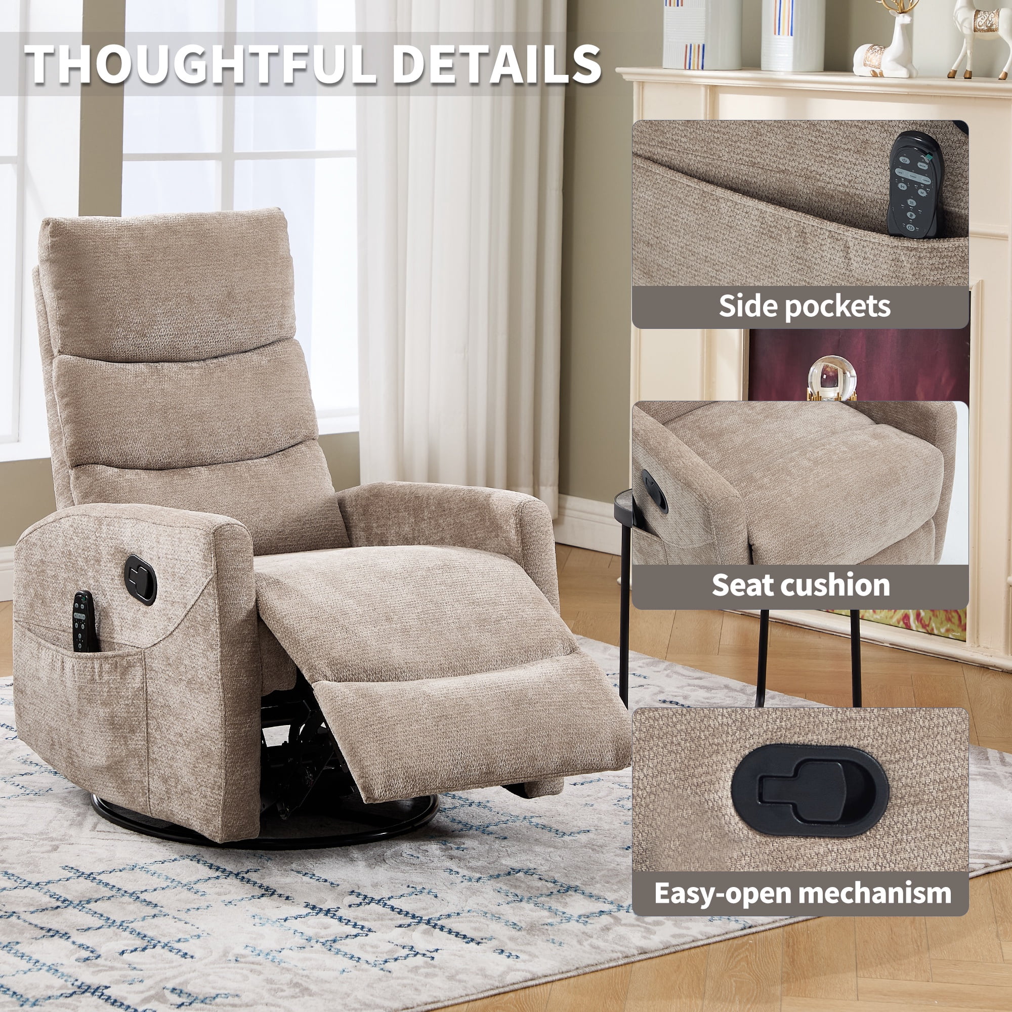 PAPROOS Swivel Rocker Recliner, Velvet 360° Swivel Rocking Recliner, Glider Rocking Chair for Nursery, Small Rocker Chair, Manual Recliner for Adults for Home Theater Living Room, Khaki