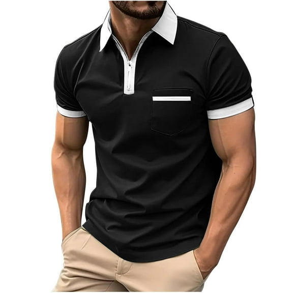 zfhfof Men's Polo Shirts 2024 Summer Short Sleeve Casual Quarter Zip T Shirt Color Block Slim Fitted Collared Golf Shirts with Pocket