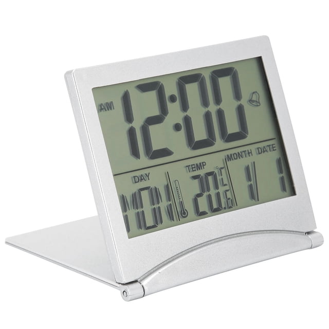 Reloj despertador electrónico compacto de escritorio, plegable, con calendario y temporizador de temperatura para viajes.
