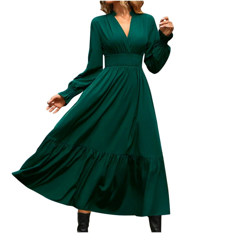 slim fit dress slacks Plus Size A Line Flowy Dresses Long Sleeve V Neck丨Moon Wood