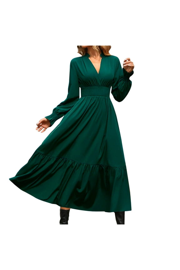 Women Dresses Fall Winter 2024 Trendy Long Sleeve V Neck Maxi Dress Boho Pleated Tiered Flowy High Waisted A-Line Party Dress