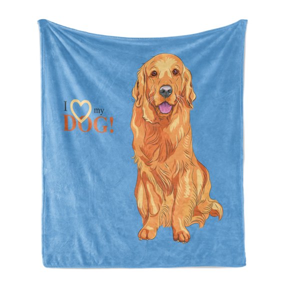 Golden Retriever Soft Flannel Fleece Throw Blanket, Smiling Dog Cartoon Style I Heart My Pet Theme for Animal Lovers, Cozy Plush for Indoor and Outdoor Use, 70" x 90", Blue and Orange, by Ambesonne