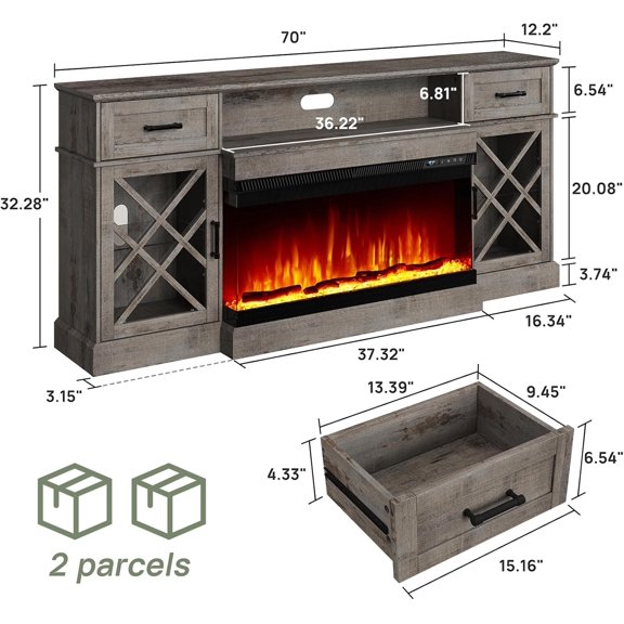 3-Sided Farmhouse LED Fireplace TV Stand, 70" Large Entertainment Center with Glass  for TVs  to 80", Modern Wood Grain High-Gloss Storage Cabinet in Light