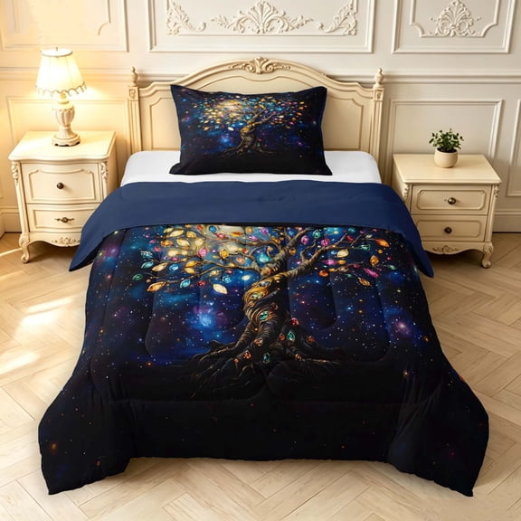 Homewish Watercolor Nature Tree Twin Comforter Sets,Navy Stars Galaxy Bedding Set,Navy Blue Reversible,2-Piece,1 Comforter and 1 Pillowcase