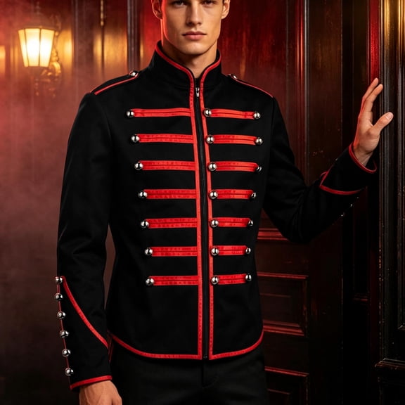 Men's Steampunk Military Jacket Vintage Marching Band Drummer Costume Gothic Hussar Coat with Metallic Buttons Zipper Front Halloween Parade Cosplay