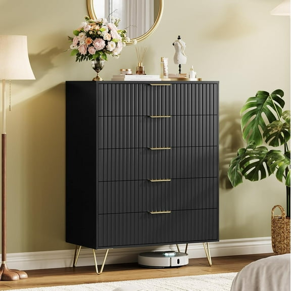 5-Drawer Fluted Dresser, 32-Inch Modern Wooden Chest with Metal Handles, Wide Clothes Storage Organizer & TV Stand for Bedroom, Living Room, Hallway, Black