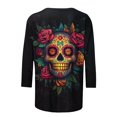 thumbnail image 4 of Women’s Day of the Dead T Shirt 3/4 Sleeve Crewneck Top Colorful Floral Skull Skeleton Print Trendy Casual Blouse for Festival and Themed Party Outfits, 4 of 5