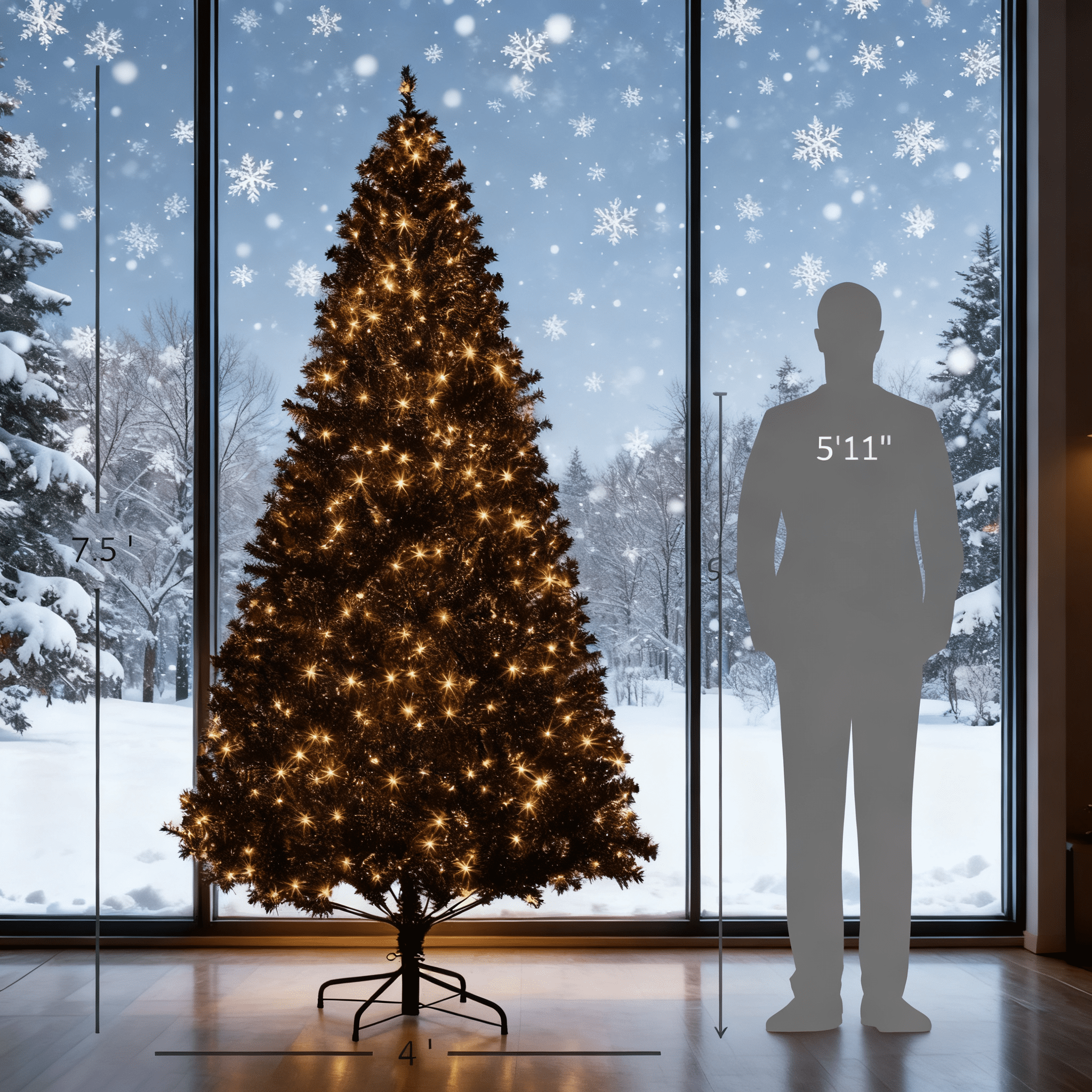 7.5ft Prelit Black Christmas Tree 1346 Tips 500 Warm White LED Lights Metal Stand Indoor Decor