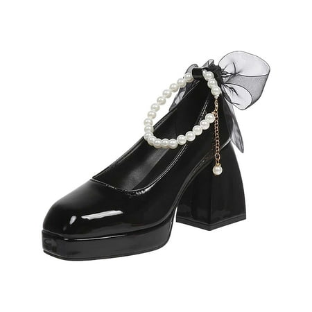 

Cathalem Ladies Fashion Mary Jane Shoes Leather High Heel Shoes Versatile Waterproof Platform Square Head Thick High Thick Heel Shoes Black 41