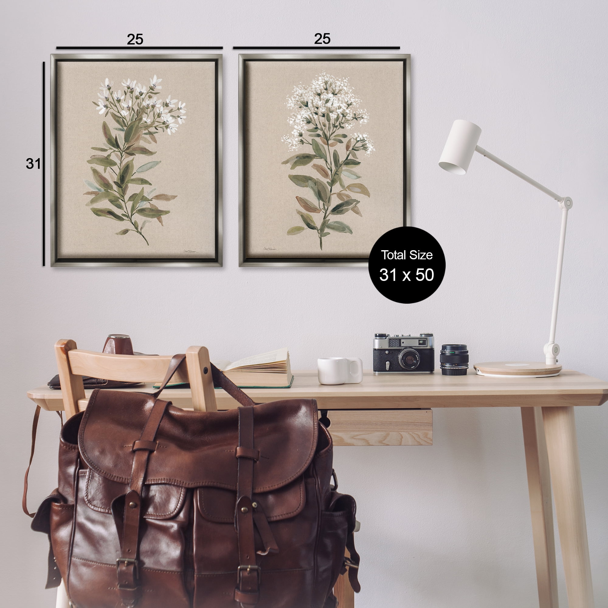 Stupell Industries Lovely White Floral Stem Plants & Flowers Painting Gray Floater Framed Canvas Art Print Wall Art, 31 x 25, Set of 2
