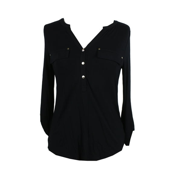 Charter Club Womens Black Tab-Sleeve Faux-Pocket Jersey Top XS