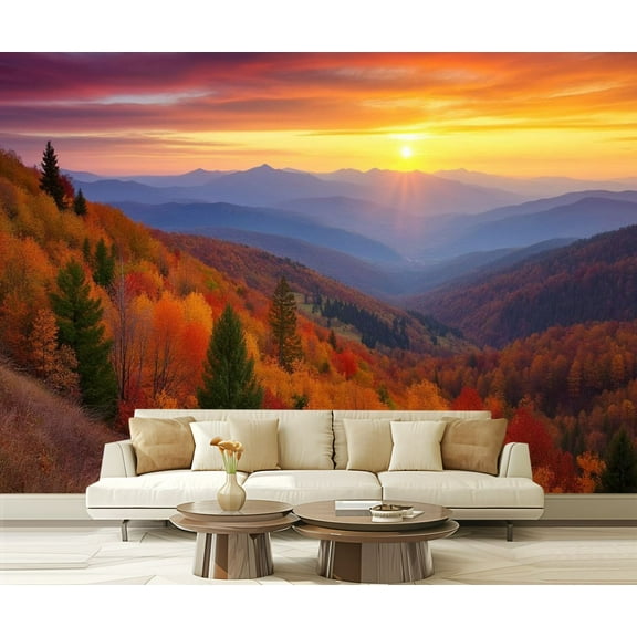 Peel and Stick Wallpaper Colorful Mountain Forest Autumn Landscape Mountain Ranges Sunset Sky Modern Art Wall Mural Decor Self Adhesive and Removable 69in x 98in